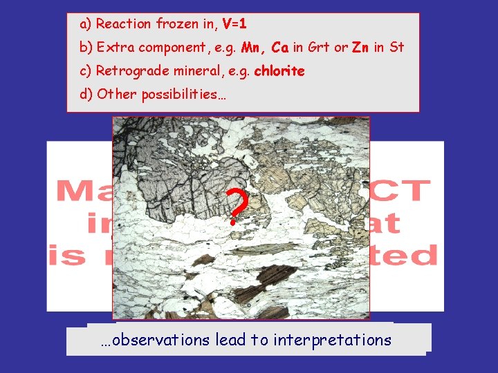 a) Reaction frozen in, V=1 b) Extra component, e. g. Mn, Ca in Grt
