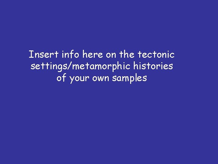 Insert info here on the tectonic settings/metamorphic histories of your own samples 