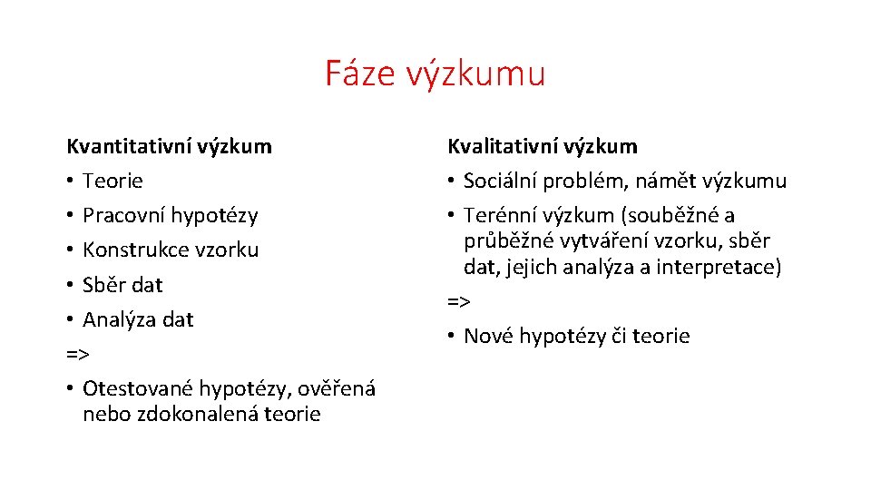 Fáze výzkumu Kvantitativní výzkum • Teorie • Pracovní hypotézy • Konstrukce vzorku • Sběr