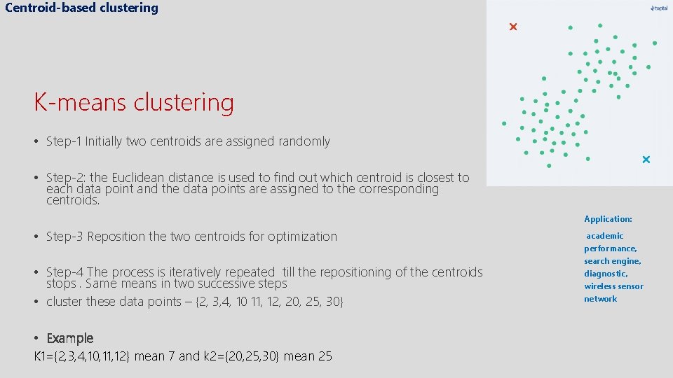 Centroid-based clustering K-means clustering • Step-1 Initially two centroids are assigned randomly • Step-2: