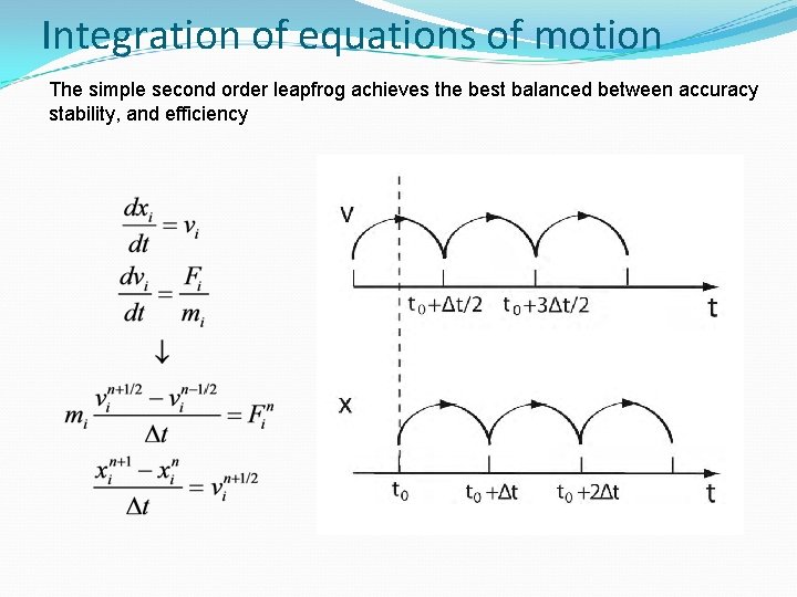 Integration of equations of motion The simple second order leapfrog achieves the best balanced