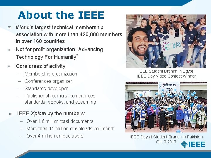 About the IEEE World’s largest technical membership association with more than 420, 000 members