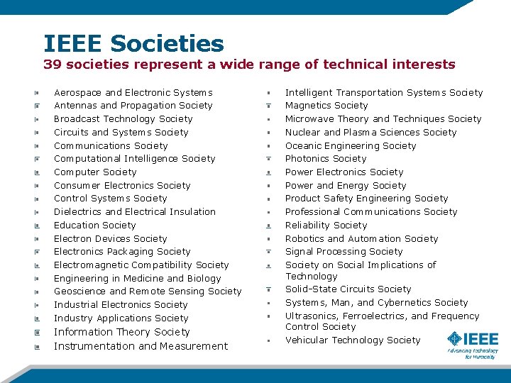 IEEE Societies 39 societies represent a wide range of technical interests Aerospace and Electronic