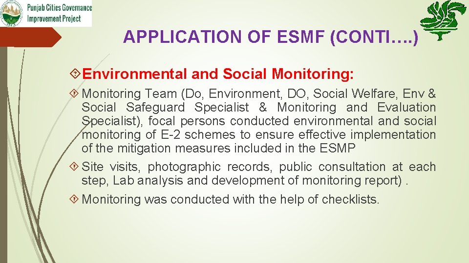 APPLICATION OF ESMF (CONTI…. ) Environmental and Social Monitoring: Monitoring Team (Do, Environment, DO,