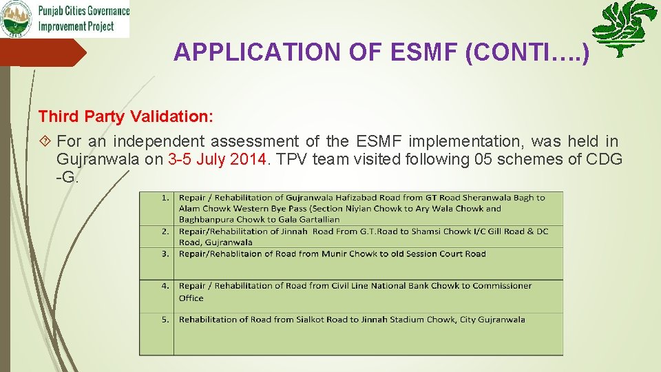 APPLICATION OF ESMF (CONTI…. ) Third Party Validation: For an independent assessment of the