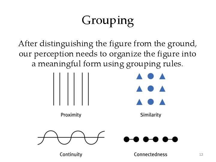 Grouping After distinguishing the figure from the ground, our perception needs to organize the