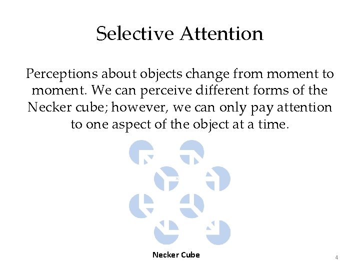 Selective Attention Perceptions about objects change from moment to moment. We can perceive different