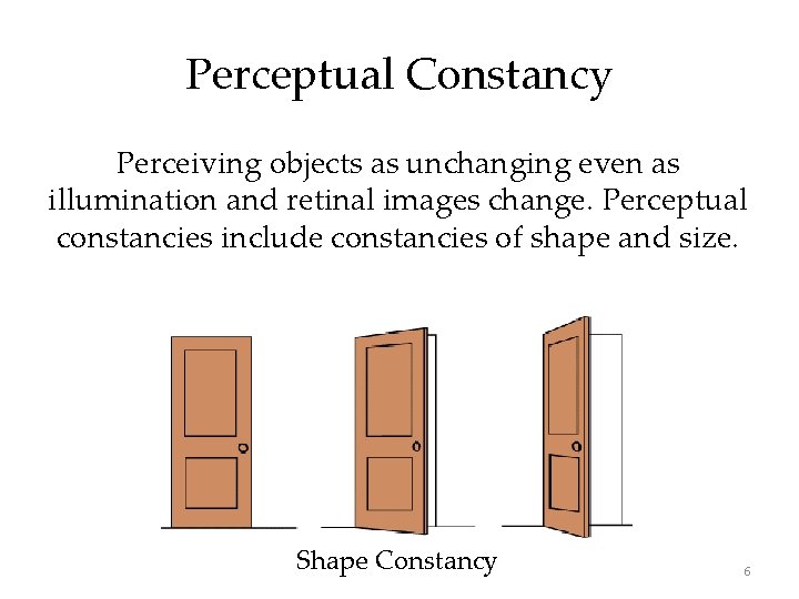 Perceptual Constancy Perceiving objects as unchanging even as illumination and retinal images change. Perceptual