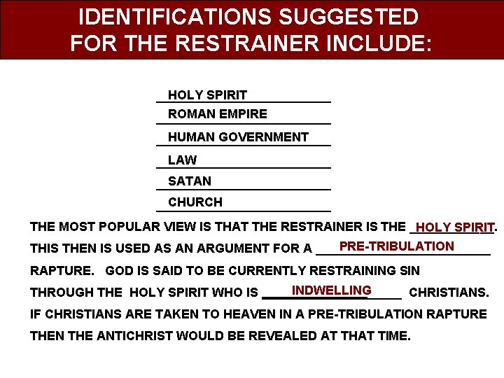 IDENTIFICATIONS SUGGESTED FOR THE RESTRAINER INCLUDE: HOLY SPIRIT _____________ ROMAN EMPIRE _____________ HUMAN GOVERNMENT