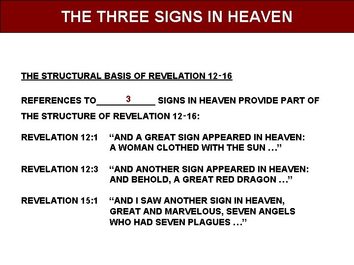 THE THREE SIGNS IN HEAVEN THE STRUCTURAL BASIS OF REVELATION 12‑ 16 3 REFERENCES