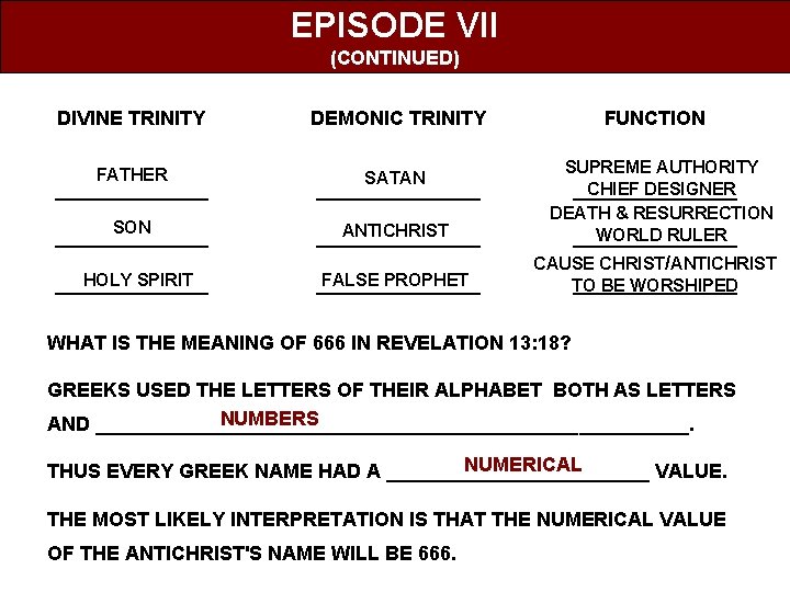 EPISODE VII (CONTINUED) DIVINE TRINITY DEMONIC TRINITY FATHER SATAN FUNCTION _______________ SON ANTICHRIST ________