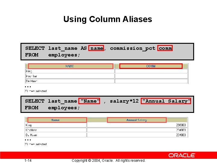 Using Column Aliases SELECT last_name AS name, commission_pct comm FROM employees; … SELECT last_name