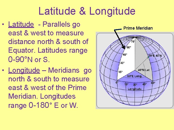 Latitude & Longitude • Latitude - Parallels go east & west to measure distance