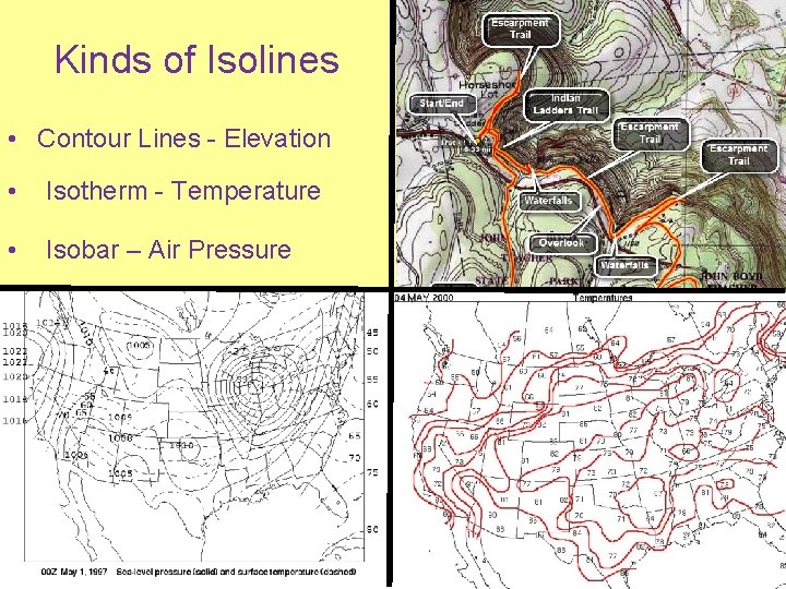 Kinds of Isolines • Contour Lines - Elevation • Isotherm - Temperature • Isobar