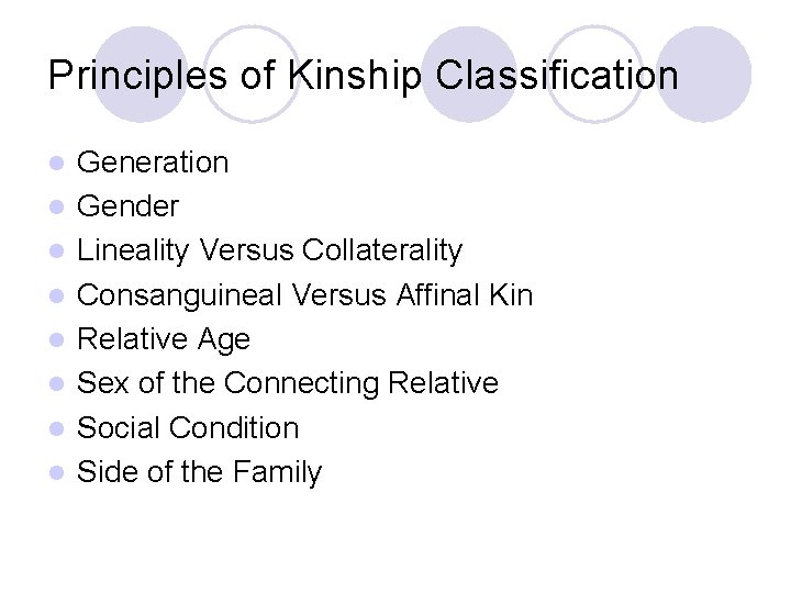 Principles of Kinship Classification l l l l Generation Gender Lineality Versus Collaterality Consanguineal