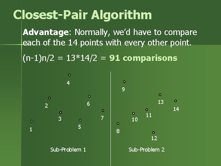 Closest-Pair Algorithm Advantage: Normally, we’d have to compare each of the 14 points with Closest-Pair Algorithm Advantage: Normally, we’d have to compare each of the 14 points with