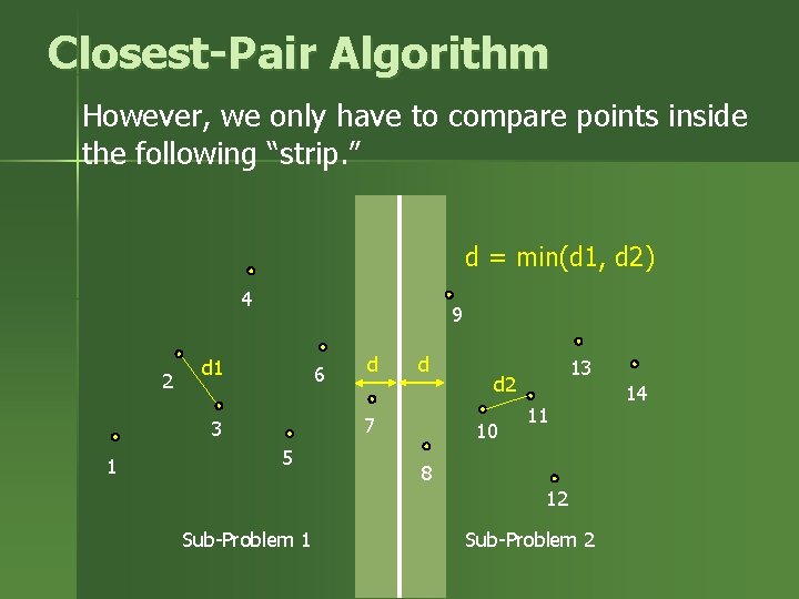 Closest-Pair Algorithm However, we only have to compare points inside the following “strip. ” Closest-Pair Algorithm However, we only have to compare points inside the following “strip. ”
