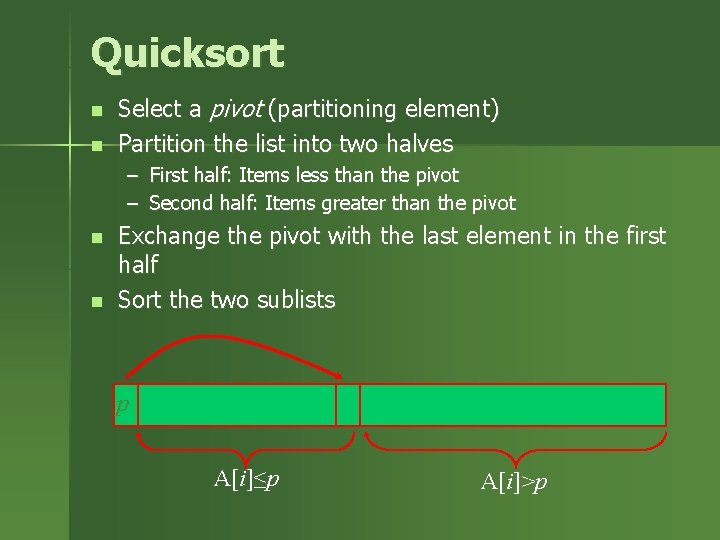 Quicksort n n Select a pivot (partitioning element) Partition the list into two halves Quicksort n n Select a pivot (partitioning element) Partition the list into two halves