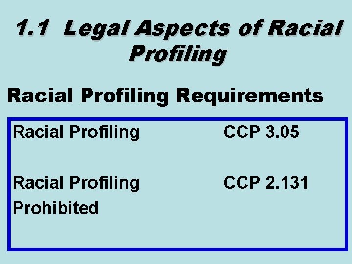 1. 1 Legal Aspects of Racial Profiling Requirements Racial Profiling CCP 3. 05 Racial