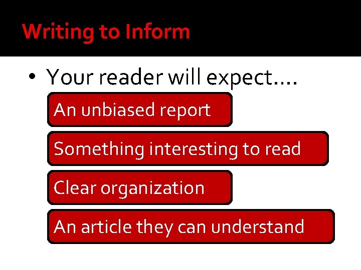 Writing to Inform • Your reader will expect…. An unbiased report Something interesting to