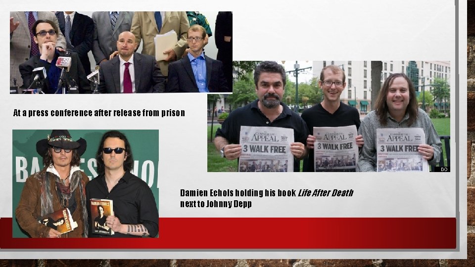 At a press conference after release from prison Damien Echols holding his book Life