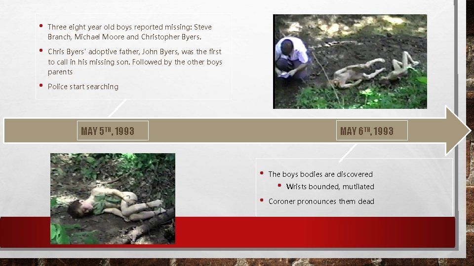  • Three eight year old boys reported missing: Steve Branch, Michael Moore and