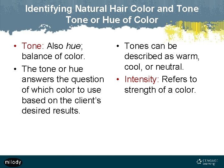 Identifying Natural Hair Color and Tone or Hue of Color • Tone: Also hue;