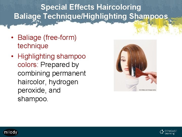 Special Effects Haircoloring Baliage Technique/Highlighting Shampoos • Baliage (free-form) technique • Highlighting shampoo colors: