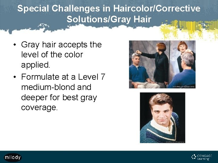 Special Challenges in Haircolor/Corrective Solutions/Gray Hair • Gray hair accepts the level of the