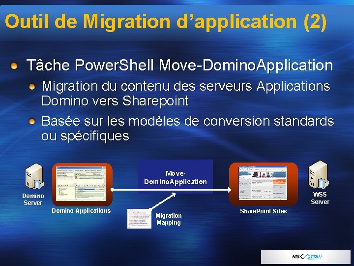 Outil de Migration d’application (2) Tâche Power. Shell Move-Domino. Application Migration du contenu des