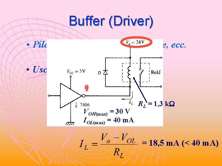 Buffer (Driver) • Pilotaggio di lampade, relè, linee, ecc. • Uscita (tipica) in open Buffer (Driver) • Pilotaggio di lampade, relè, linee, ecc. • Uscita (tipica) in open