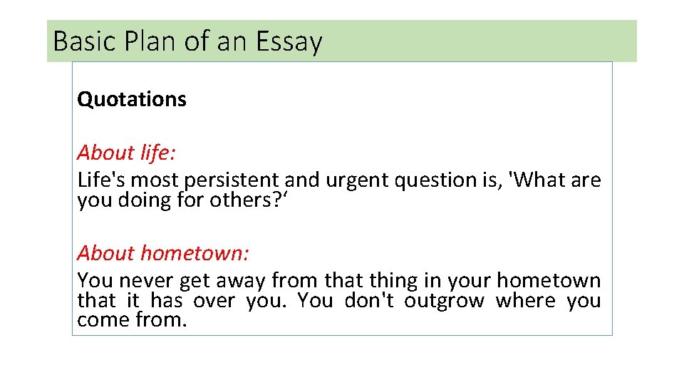 Basic Plan of an Essay Quotations About life: Life's most persistent and urgent question