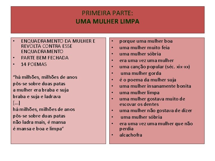 PRIMEIRA PARTE: UMA MULHER LIMPA • • • ENQUADRAMENTO DA MULHER E REVOLTA CONTRA