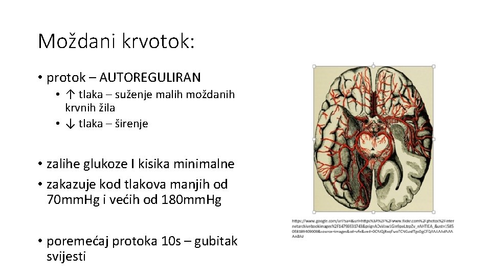 Moždani krvotok: • protok – AUTOREGULIRAN • ↑ tlaka – suženje malih moždanih krvnih