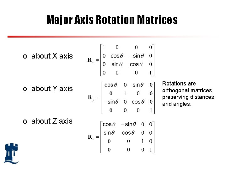 Major Axis Rotation Matrices o about X axis o about Y axis o about