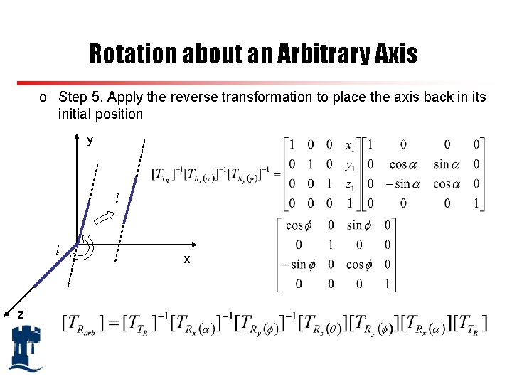 Rotation about an Arbitrary Axis o Step 5. Apply the reverse transformation to place