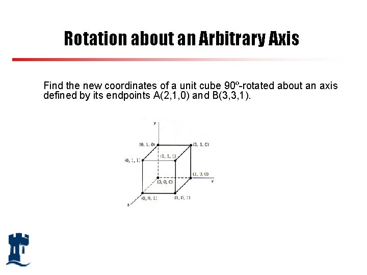 Rotation about an Arbitrary Axis Find the new coordinates of a unit cube 90º-rotated