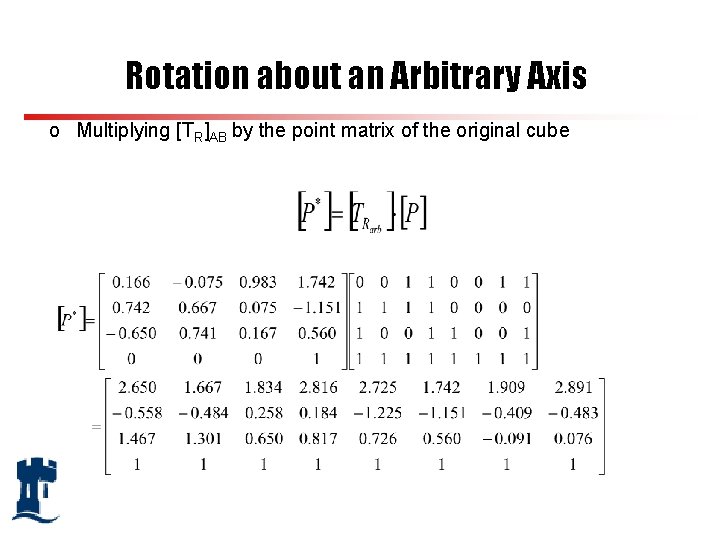 Rotation about an Arbitrary Axis o Multiplying [TR]AB by the point matrix of the