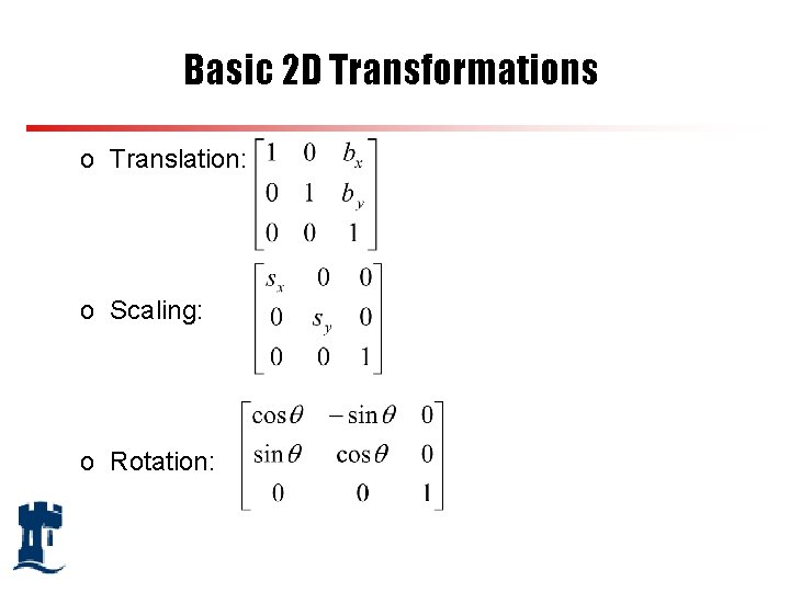 Basic 2 D Transformations o Translation: o Scaling: o Rotation: 