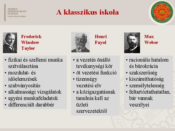 A klasszikus iskola Frederick Winslow Taylor • fizikai és szellemi munka szétválasztása • mozdulat-