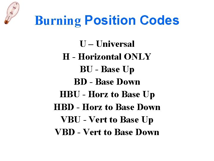 Burning Position Codes U – Universal H - Horizontal ONLY BU - Base Up