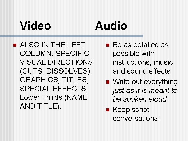 Video n Audio ALSO IN THE LEFT COLUMN: SPECIFIC VISUAL DIRECTIONS (CUTS, DISSOLVES), GRAPHICS,