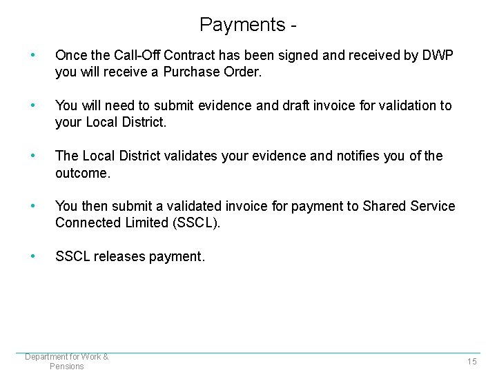 Payments • Once the Call-Off Contract has been signed and received by DWP you