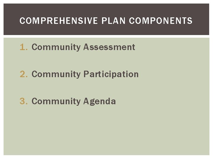 COMPREHENSIVE PLAN COMPONENTS 1. Community Assessment 2. Community Participation 3. Community Agenda COMPREHENSIVE PLAN COMPONENTS 1. Community Assessment 2. Community Participation 3. Community Agenda