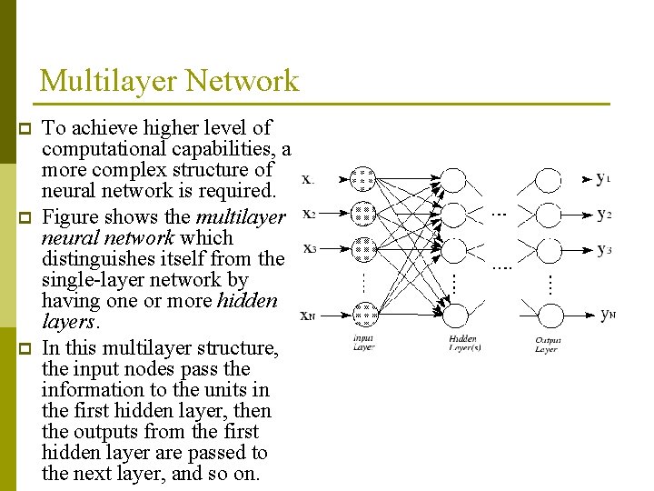 Multilayer Network p p p To achieve higher level of computational capabilities, a more