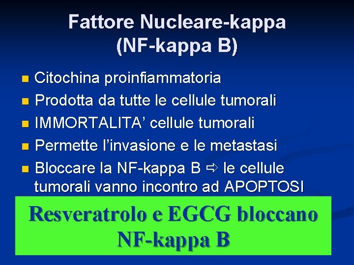 Fattore Nucleare-kappa (NF-kappa B) Citochina proinfiammatoria n Prodotta da tutte le cellule tumorali n