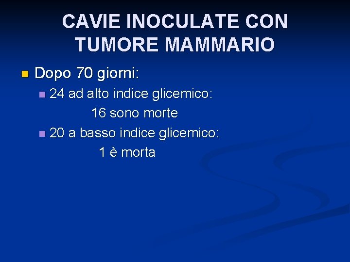 CAVIE INOCULATE CON TUMORE MAMMARIO n Dopo 70 giorni: 24 ad alto indice glicemico: