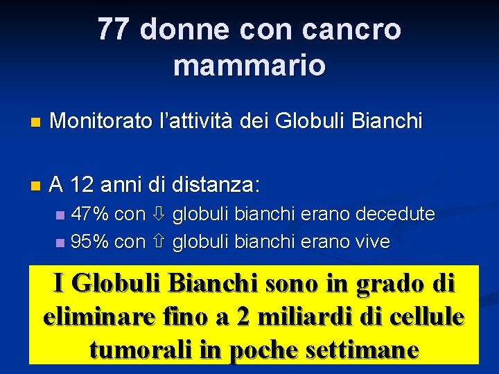 77 donne con cancro mammario n Monitorato l’attività dei Globuli Bianchi n A 12