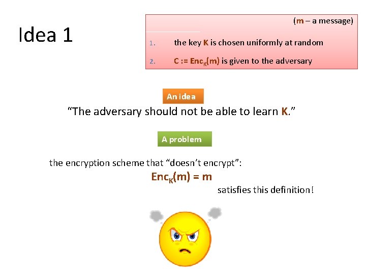 Idea 1 (m – a message) 1. the key K is chosen uniformly at