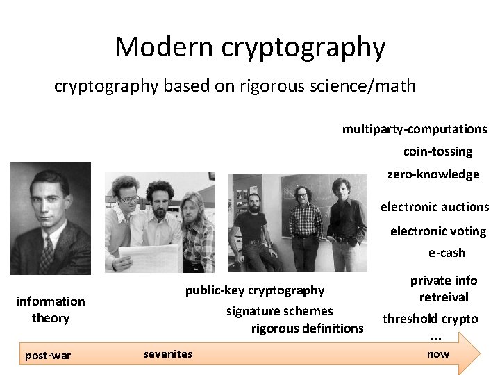 Modern cryptography based on rigorous science/math multiparty-computations coin-tossing zero-knowledge electronic auctions electronic voting e-cash